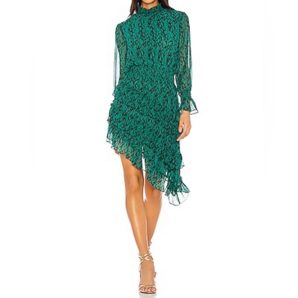 Misa Los Angeles Emerald Ruffled Long Sleeve Dress, L